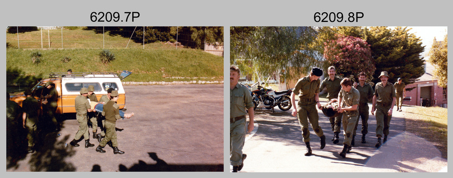 Lithographic Squadron staff taking part in an Incident Response Exercise at the Army Survey Regiment, Fortuna, Bendigo 1987.