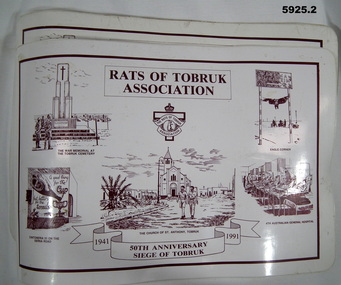 Two large place mats 50th Anniversary of Tobruk seige.