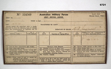 Australian Military Forces Driving Licence.