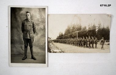 Full length Portrait of a soldier and marching troops.