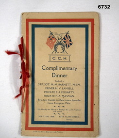 C.C.H Complimentary Dinner Booklet. Front cover.