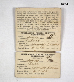 Australian Forces Identity Certificate in duplicate.