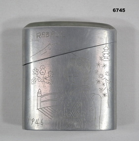 Trench art - grey metal engraved case.