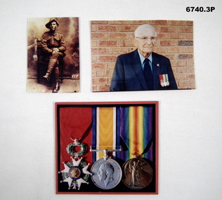 Three photographs of a soldier, veteran and medals.