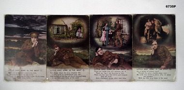 Four mounted postcards depicting scenes of home.