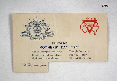 Mother’s Day 1941 card from Palestine 