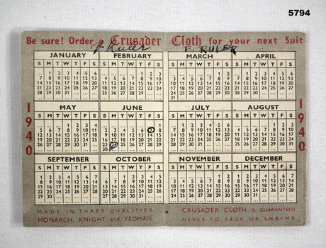Small folded calendar 1940 