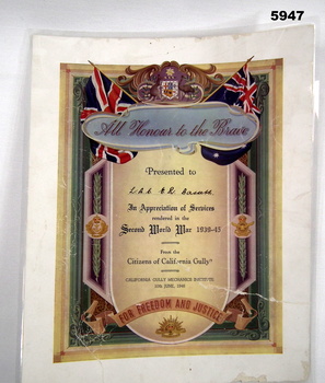 WW2 Certificate presented by the Citizens of California Gully.