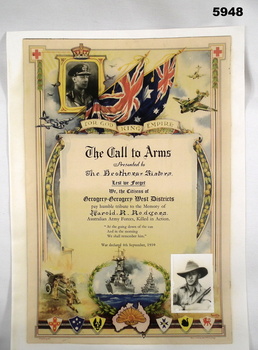 Copy of a Memorial Certificate WW2 presented to the family.