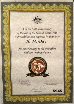 Certificate for the 50th Anniversary of the end of WW2.