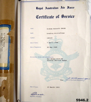 Original Certificate for RAAF Service WW2.