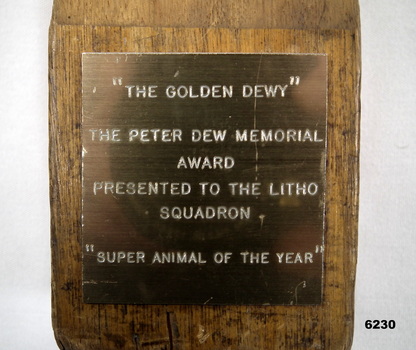 The perpetual trophy plate of the Peter Dew Memorial Award "The Golden Dewy"