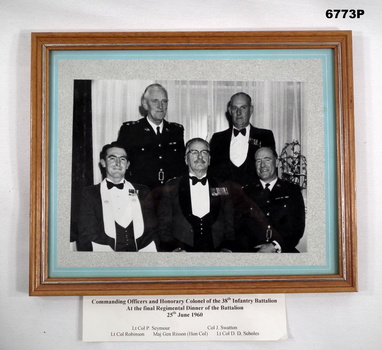 Framed black and white photo of Officers at 38th Battalion Dinner.