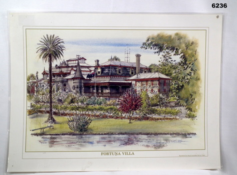 A reproduction print of a painting of Fortuna Villa