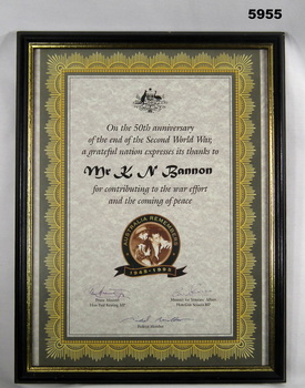 50th Anniversary Certificate - framed - end of WW2.