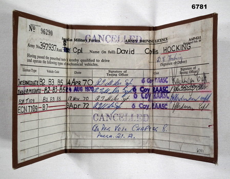 Army Drivers Licence for Cpl. D. C. Hocking.