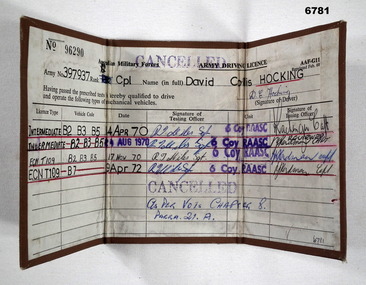 Army Drivers Licence for Cpl. D. C. Hocking.