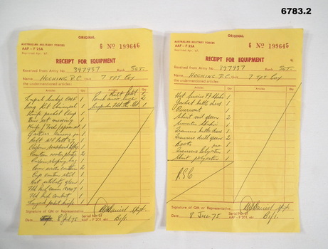 Two pages of receipts for equipment.