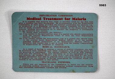 Blue medical card for treatment of Malaria.