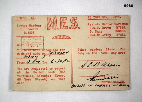 Reverse of Postcard with duty roster details.