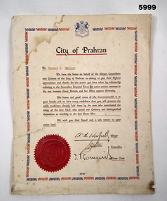Thank you Certificate from the City of Prahran.