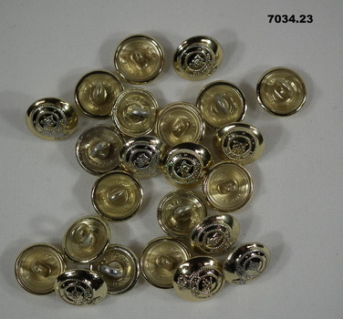 Collection of 23 small round gold coloured jacket buttons with insignia.