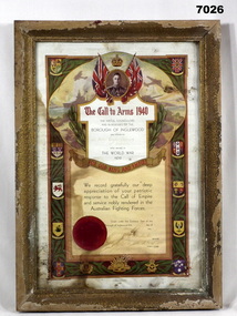 Framed certificate from WW2.