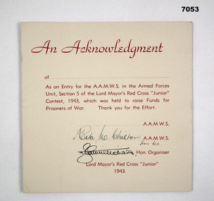 Acknowledgement Card from Lord Mayors Red Cross Junior Fundraising for POW's.