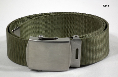 Green coloured belt for wearing with polyester uniform.