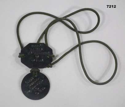 Two metal identity discs attached with a green cord.