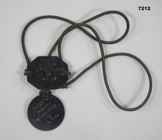 Two metal identity discs attached with a green cord.