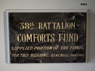 Plaque - PLAQUE, 38TH  BN COMFORTS FUND, 38th Battalion Comforts Fund, C.1921