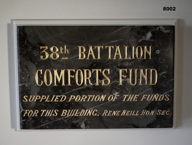 Plaque - 38TH  BN COMFORTS FUND, 38th Battalion Comforts Fund, C.1921