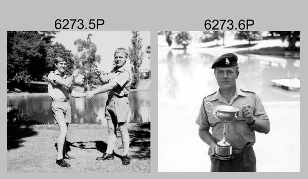 Army Survey Regiment personnel with the Inter-Service Sailing Trophy. c1980.