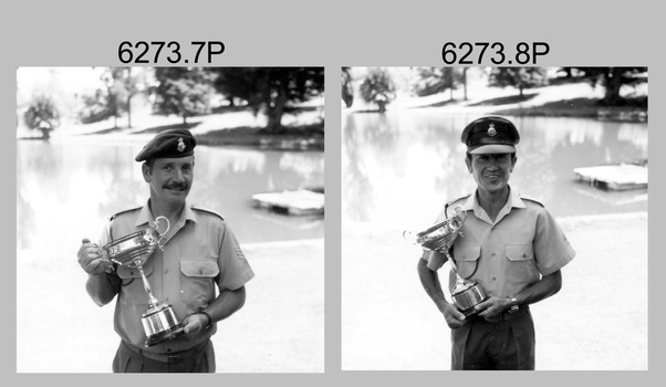 Army Survey Regiment personnel with the Inter-Service Sailing Trophy. c1980.