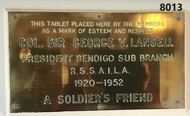 Brass plaque A Soldiers Friend, George Lansell.