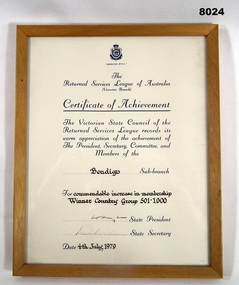 Certificate re membership achievement Bendigo RSL.