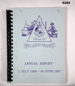 A4 report, light blue cardboard covered paper pages. Army Svy Regt Logo/Emblem on cover