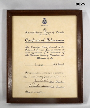 Certificate re membership achievement Bendigo RSL.