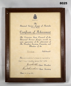 Certificate re membership achievement Bendigo RSL.