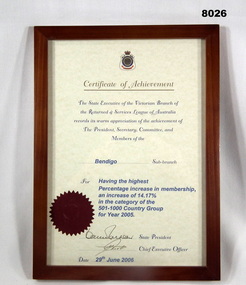 Certificate, membership achievement Bendigo RSL.