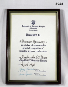 Certificate re 60 years Bendigo RSL Womens Auxilliary.