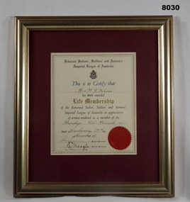 Certificate re Life Membership of the RSL.