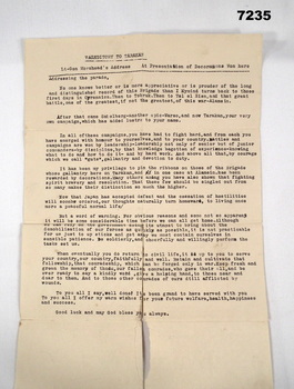 Typewritten Valedictory Presentation by Lt.Gen Morshead.