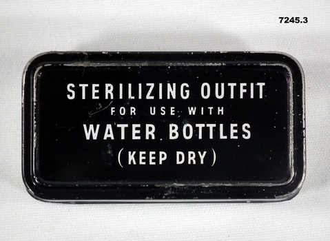 Metal container with contents for sterilizing water.