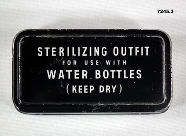Metal container with contents for sterilizing water.