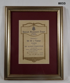 Certificate re The Mr Bendigo Competition RSL.