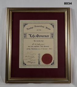 Certificate re Life Govenor of the Bendigo Benevolent Home.