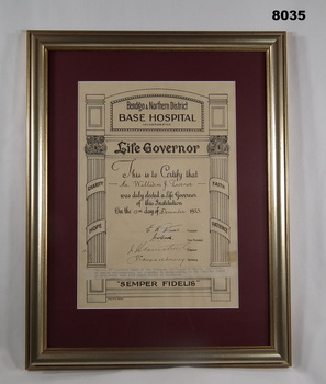 Certificate Life Govenor of Bendigo Base Hospital.