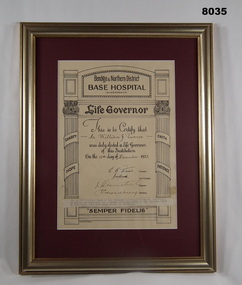Certificate Life Govenor of Bendigo Base Hospital.